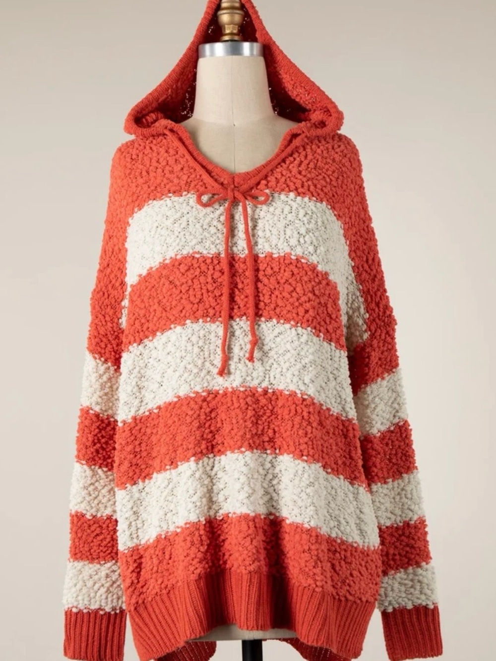 Miracle Coral & Cream Striped Popcorn-Knit Hooded Sweater